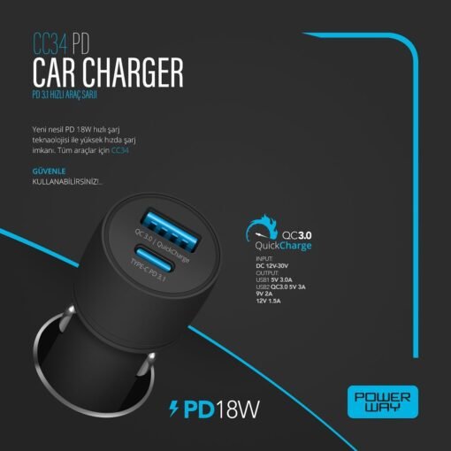 PD 18W 3.1A Araç Şarj Başlık PowerWay CC34